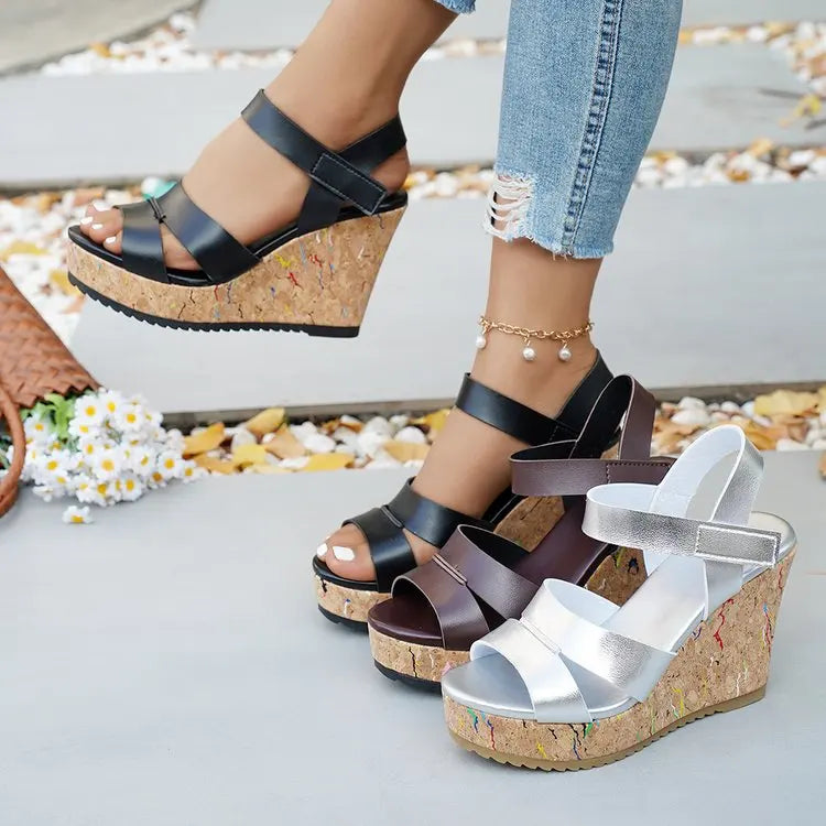 Women's Silver Chunky Platform Sandals 2026 Summer Cork Thick Sole Wedge Sandals Woman Plus Size 43 Pu Leather Casual Shoes