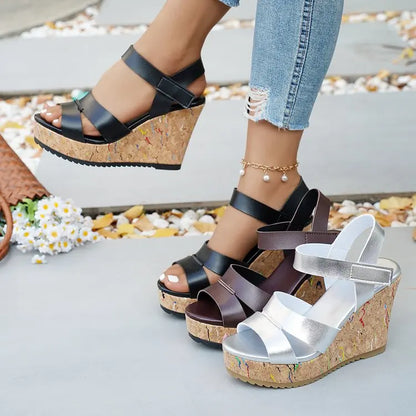 Women's Silver Chunky Platform Sandals 2026 Summer Cork Thick Sole Wedge Sandals Woman Plus Size 43 Pu Leather Casual Shoes