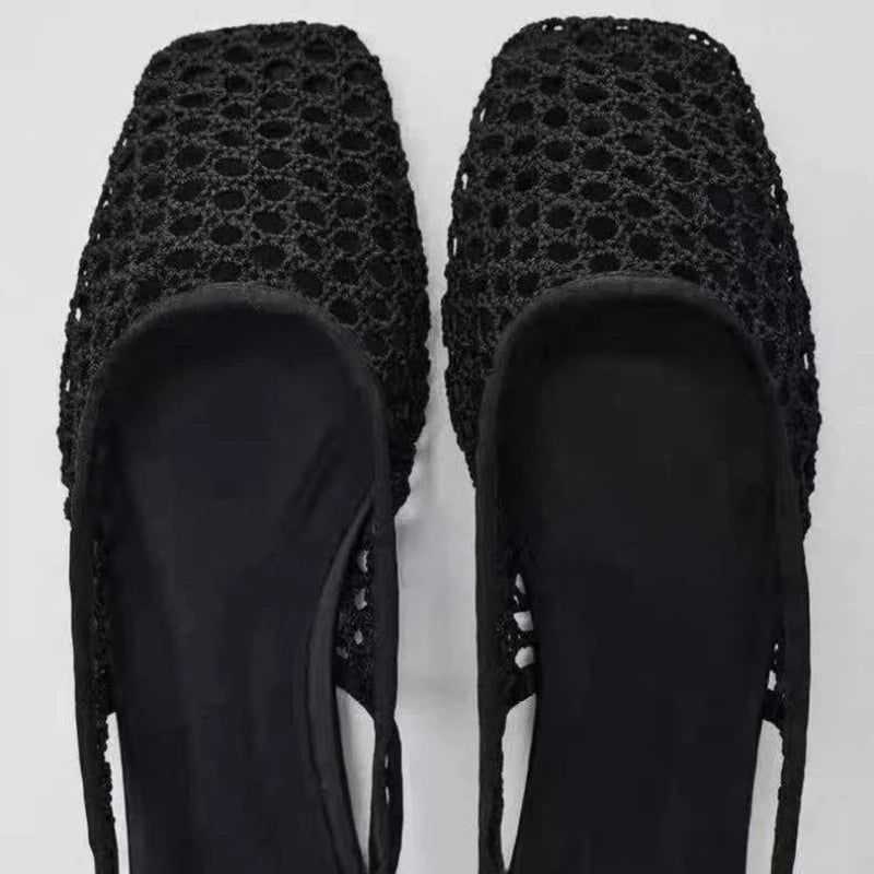 Weave Mesh Breathable Mules Sandals for Women Summer New Slingback Beach Shoes Casual Square Toe Fashion Ballet Flats Ladies