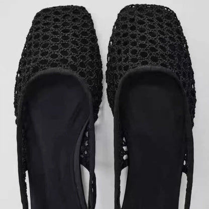 Weave Mesh Breathable Mules Sandals for Women Summer New Slingback Beach Shoes Casual Square Toe Fashion Ballet Flats Ladies