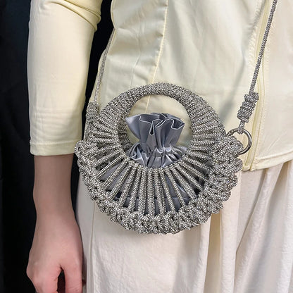 Niche design full diamond shiny small round bag for women 2025 socialite dinner bag casual versatile handbag rhinestone bag
