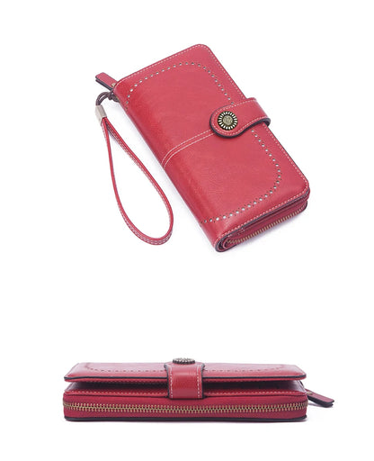 Vintage Large Capacity Women's Purse, Monochromatic, Multi-card, Long Wallet, Multi-function Zipper Strap, Wrist Strap, New