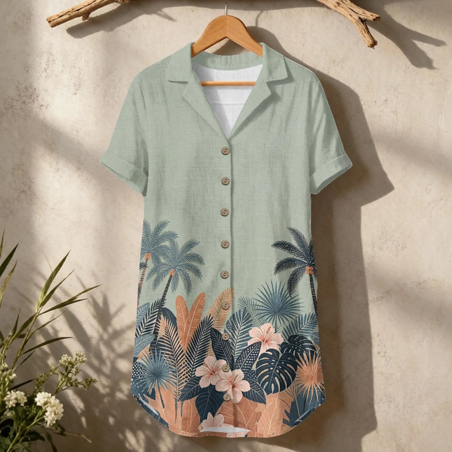 Women's Linen Shirt Dress Chinese Style Flower Womens Dress Summer Button-Down Shirt Dress Loose A-Line Midi Shift Tunic Dress