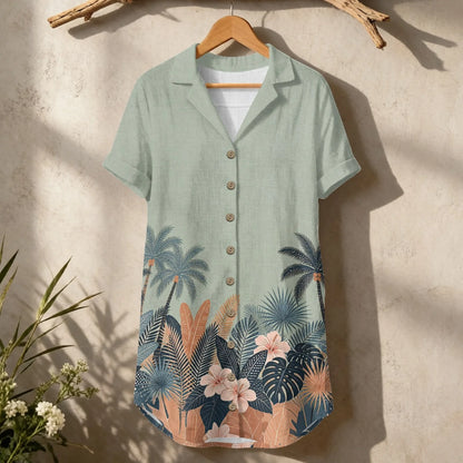 Women's Linen Shirt Dress Chinese Style Flower Womens Dress Summer Button-Down Shirt Dress Loose A-Line Midi Shift Tunic Dress