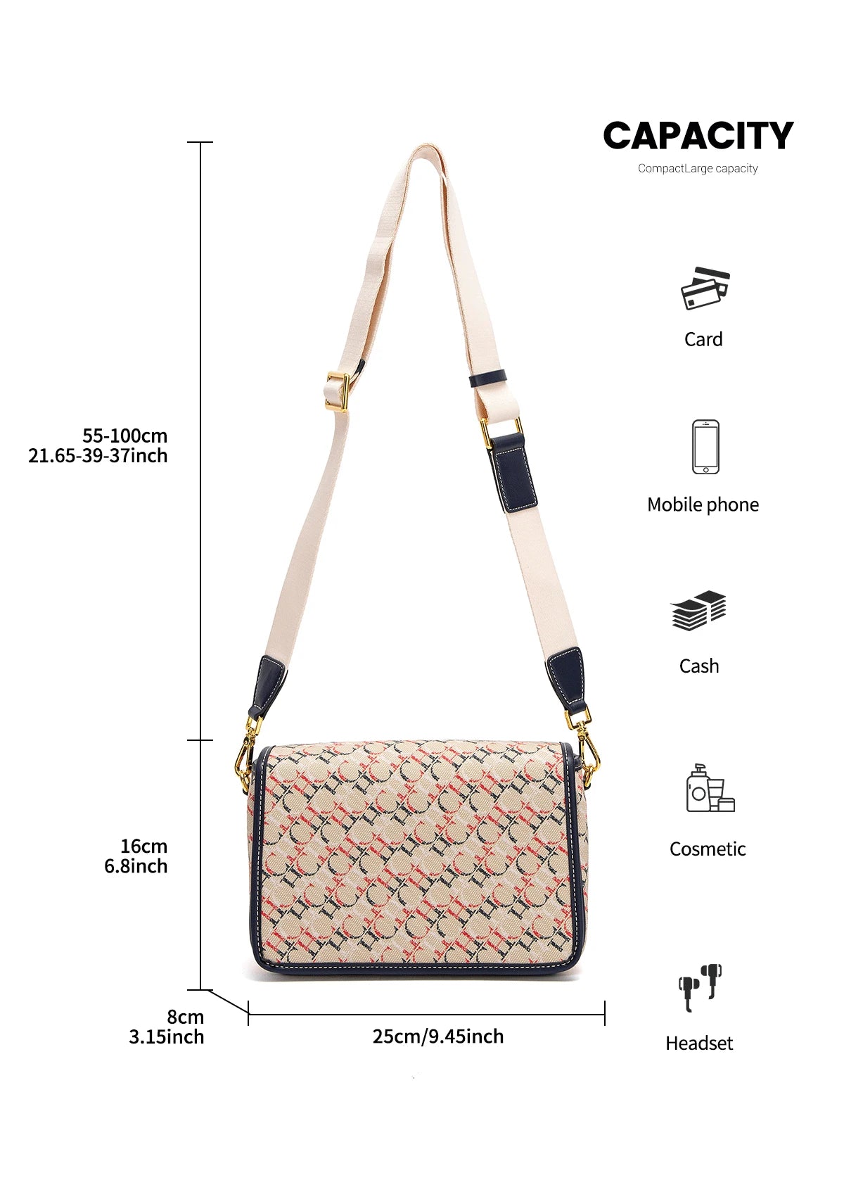CHCH Women's Saddle Bag 2024 New Brand Letter Printed Flap Cross Shoulder Bag Retro Wide Shoulder Strap Single Shoulder Bag