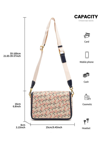 CHCH Women's Saddle Bag 2024 New Brand Letter Printed Flap Cross Shoulder Bag Retro Wide Shoulder Strap Single Shoulder Bag