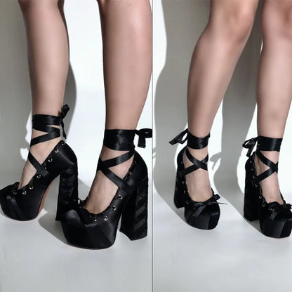 Onlymaker Womens Round Toe Platform Bow Ribbon Pumps Cute Lolita Ballet Lace-up Hoof Chunky Heel Pumps