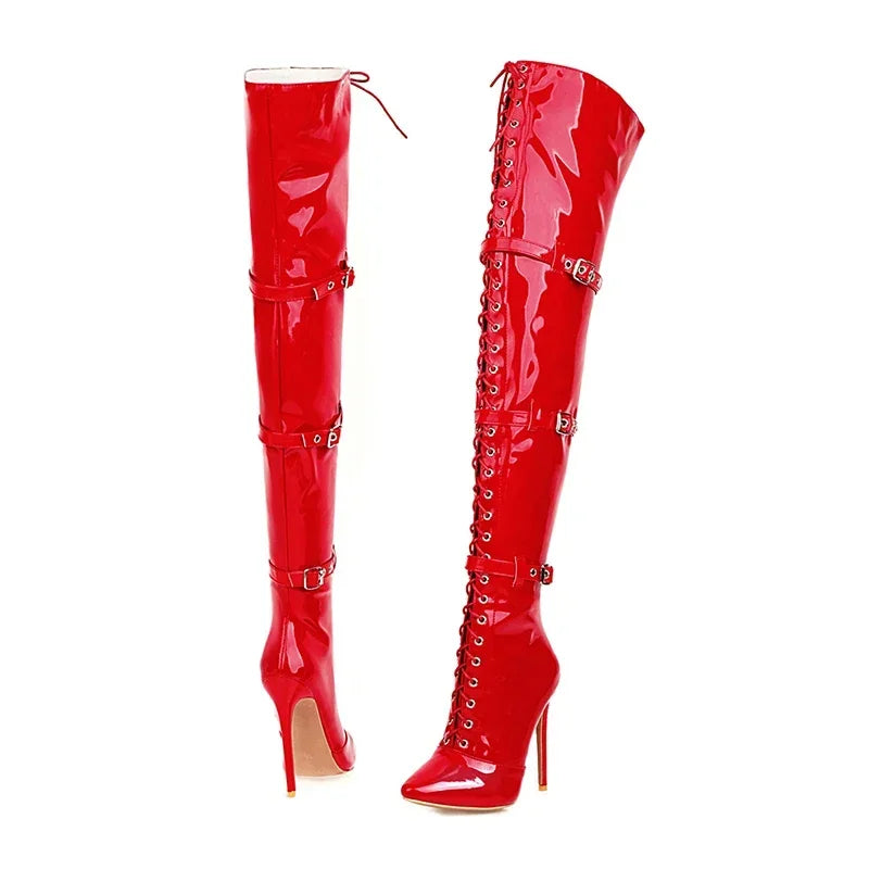 Women Sexy Cross Tied Thigh High Boots Pointed Toe Thin High Heels Over The Knee Boots Patent Leather Shoes Woman 33-46