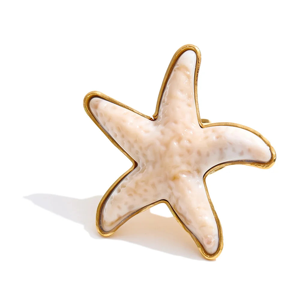 Yhpup 4 Color Ocean Style Acrylic Resin Big Starfish Adjustable Ring Stainless Steel Summer Vacation Jewelry for Women Tropical