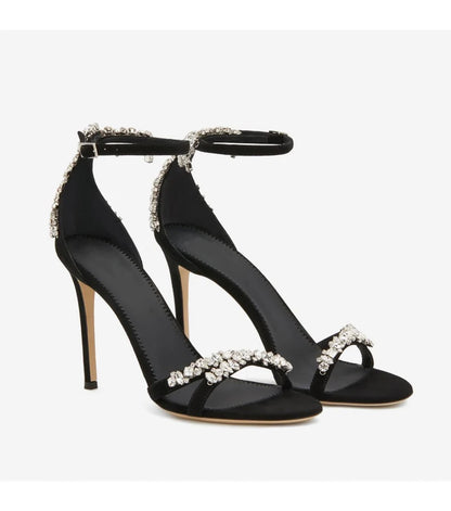 Black High Heels Women's Stiletto Heels Celebrity Style 2024 New Versatile Slotted Buckle Rhinestone Open Toe Round Toe Sandals