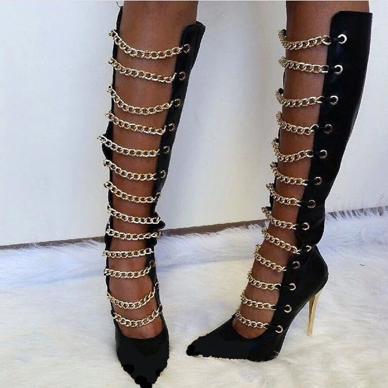 Sexy Front Chains Cutout Pointed Metal Toe Knee Boots Gold High Heel Woman Summer Boots Fashion Gladiator Party Shoes