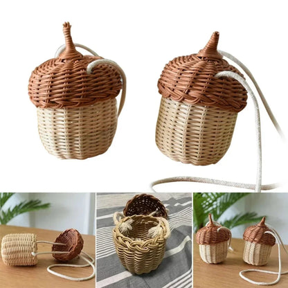 Creative Acorn Shaped Diagonal Cross Bag Storage Basket Hand Woven Circular Rattan Bag Beach Style Woven Shoulder Bag Photo Prop