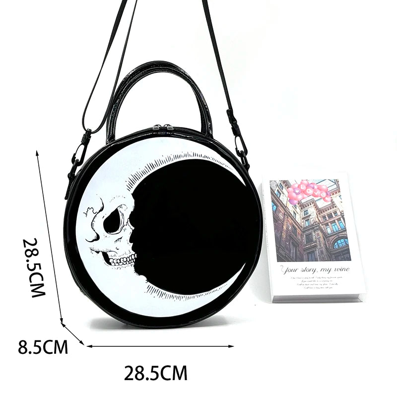 Girls Punk Dark Gothic Novel Shoulder Bag Skull Crossbody Bag, Moon Messenger Bag, Round Bag