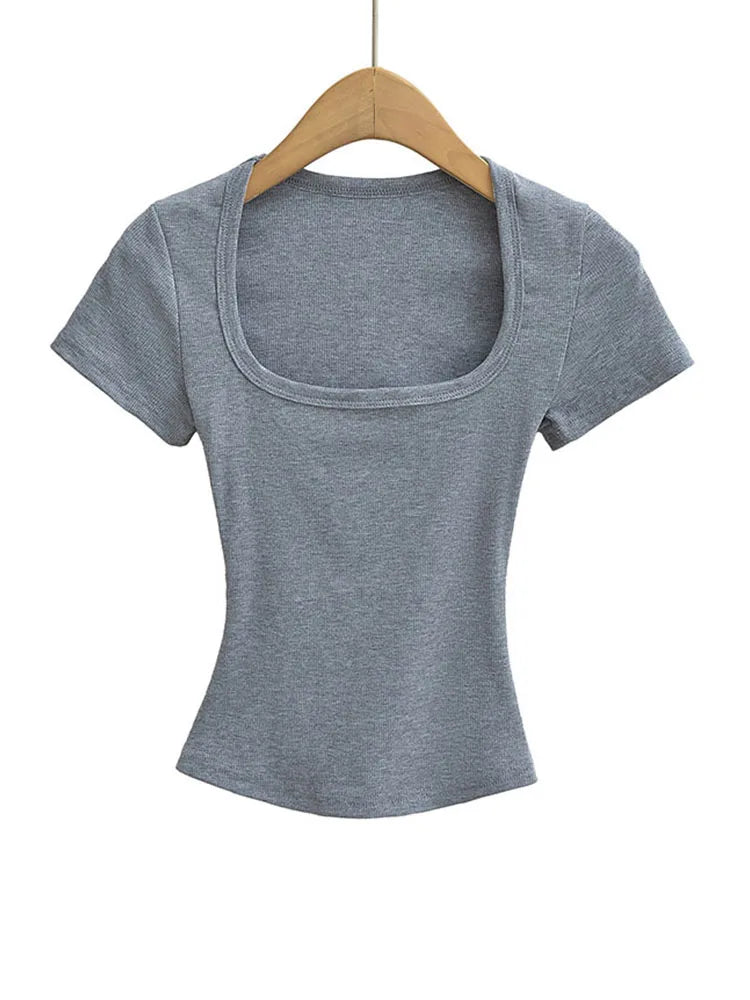Square Collar High Stretch Summer Crop Tops Women Short Sleeve Tops Sexy Pullover Bottoming Blouses Slim T-shirt