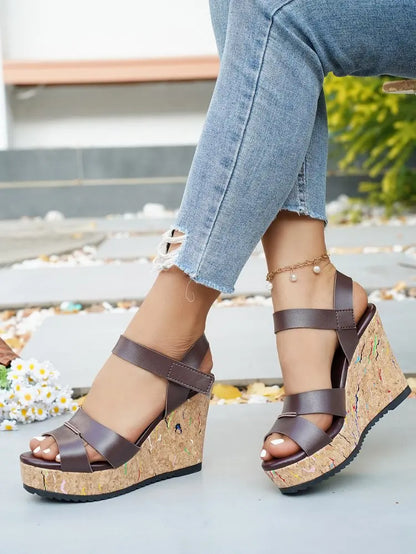 Women's Silver Chunky Platform Sandals 2026 Summer Cork Thick Sole Wedge Sandals Woman Plus Size 43 Pu Leather Casual Shoes