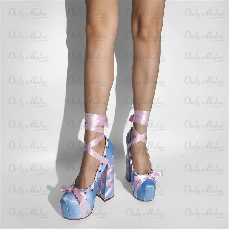 Onlymaker Womens Round Toe Platform Bow Ribbon Pumps Cute Lolita Ballet Lace-up Hoof Chunky Heel Pumps