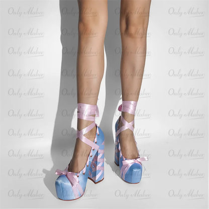 Onlymaker Womens Round Toe Platform Bow Ribbon Pumps Cute Lolita Ballet Lace-up Hoof Chunky Heel Pumps