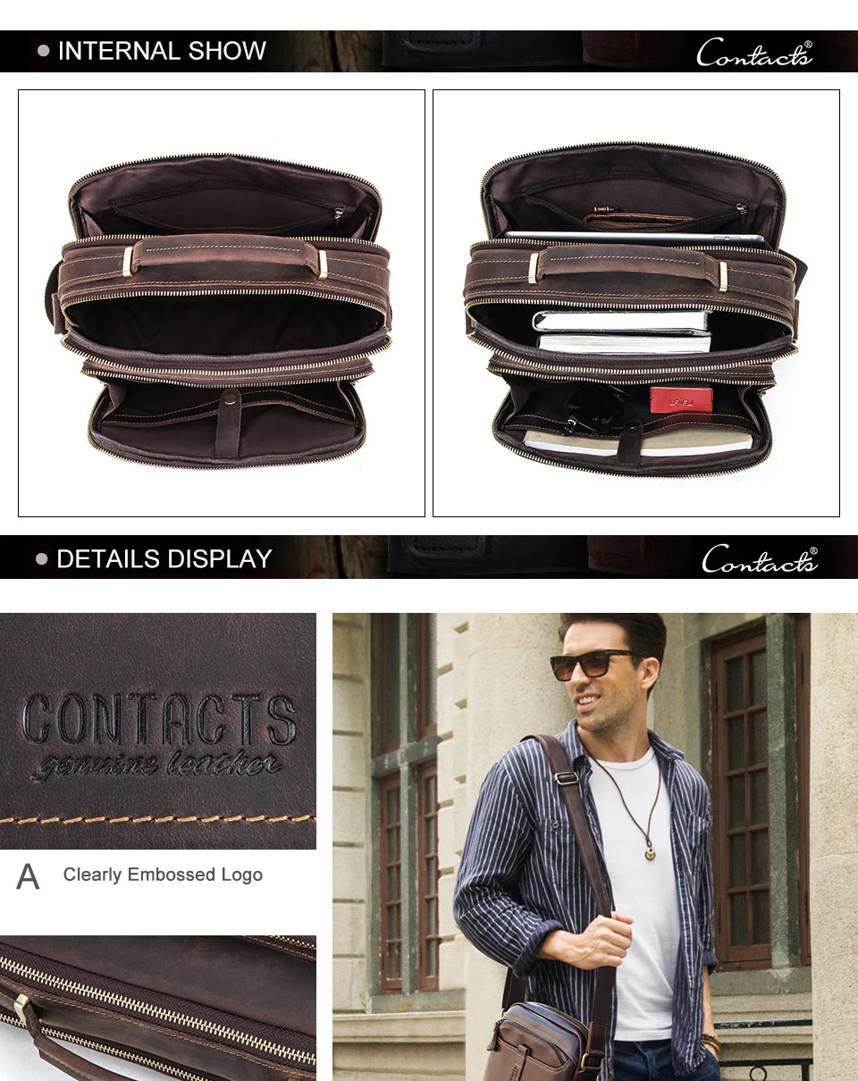 CONTACT'S Crazy Horse Leather Men Messenger Bag Vintage Man Crossbody Bag Handbags Large Capacity Male Shoulder Bags Bolsos