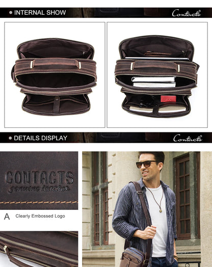 CONTACT'S Crazy Horse Leather Men Messenger Bag Vintage Man Crossbody Bag Handbags Large Capacity Male Shoulder Bags Bolsos