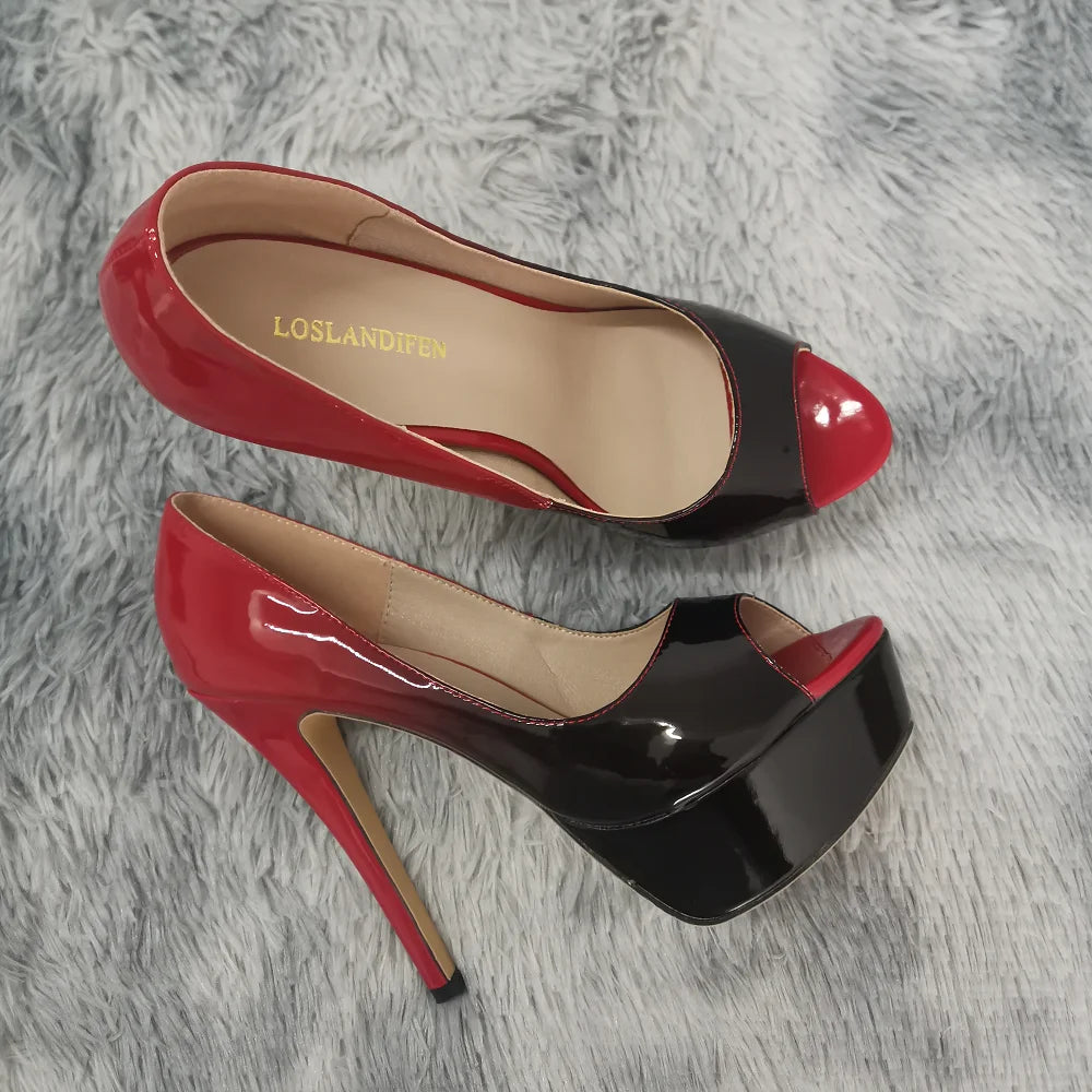 Women Stilettos Sexy Pumps 14cm Extremely Platform Peep Toe High Heels Patent Leather Party Nighclub Dress Red Wedding Shoes