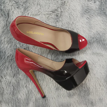 Women Stilettos Sexy Pumps 14cm Extremely Platform Peep Toe High Heels Patent Leather Party Nighclub Dress Red Wedding Shoes