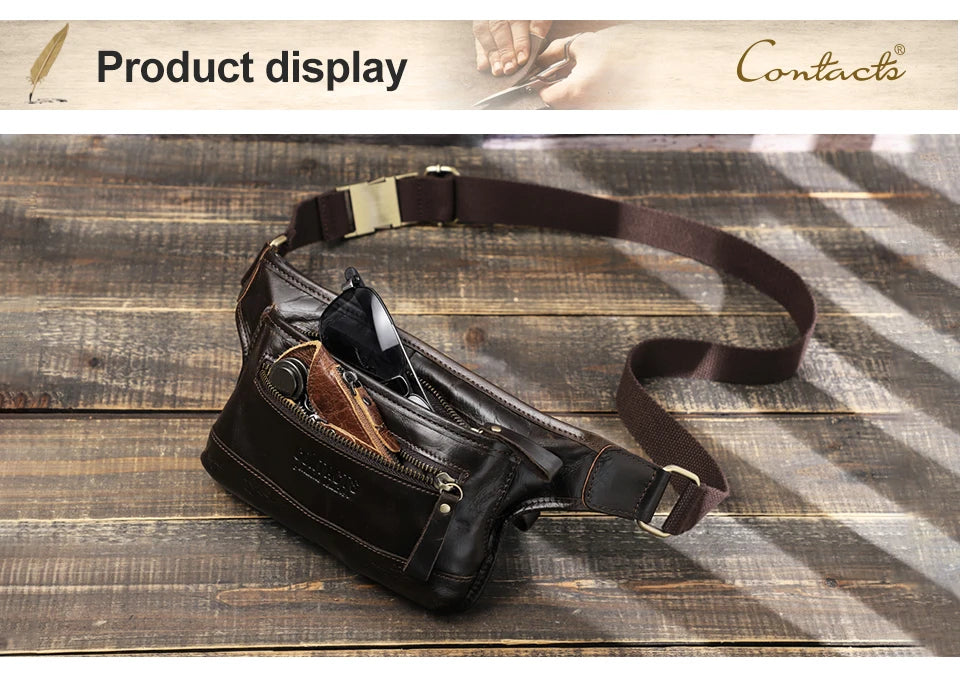 CONTACT'S Genuine Leather Waist Bags for Men Customize Waist Packs Crossbody Bag Phone Pocket Name Engraving Male Travel Bags