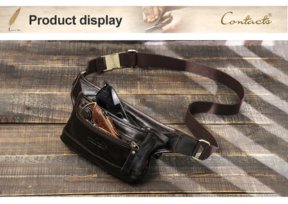 CONTACT'S Genuine Leather Waist Bags for Men Customize Waist Packs Crossbody Bag Phone Pocket Name Engraving Male Travel Bags