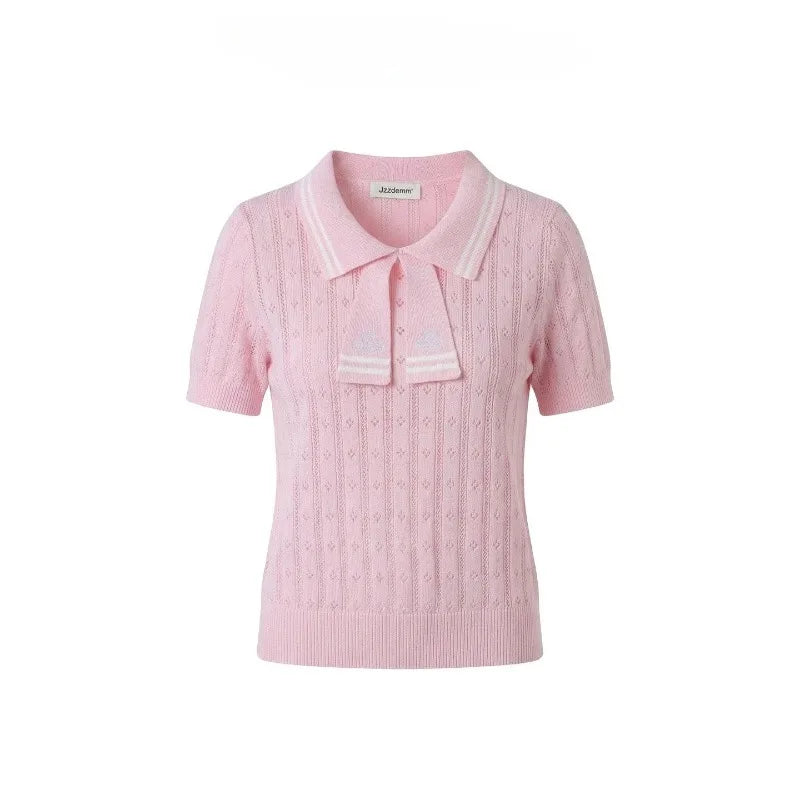 Summer College Style Knitted Collar Girls' T-shirt Simple, Breathable, Comfortable Short Sleeved Commuting Texture High-end Top