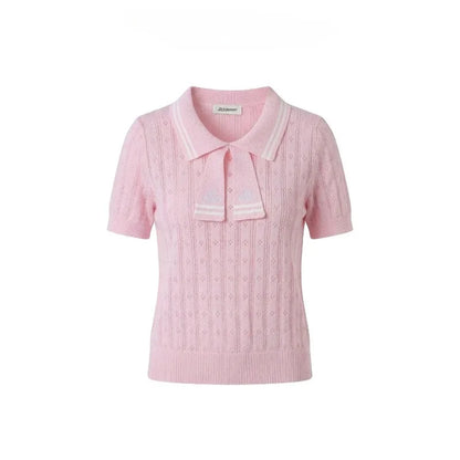 Summer College Style Knitted Collar Girls' T-shirt Simple, Breathable, Comfortable Short Sleeved Commuting Texture High-end Top