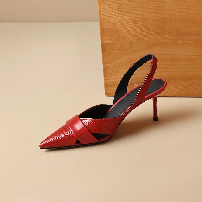 【JOCHEBED HU】Brand Genuine Leather Pointed Toe Slingback Kitten Heel Sandals Women Stiletto High Heels Summer Designer Party