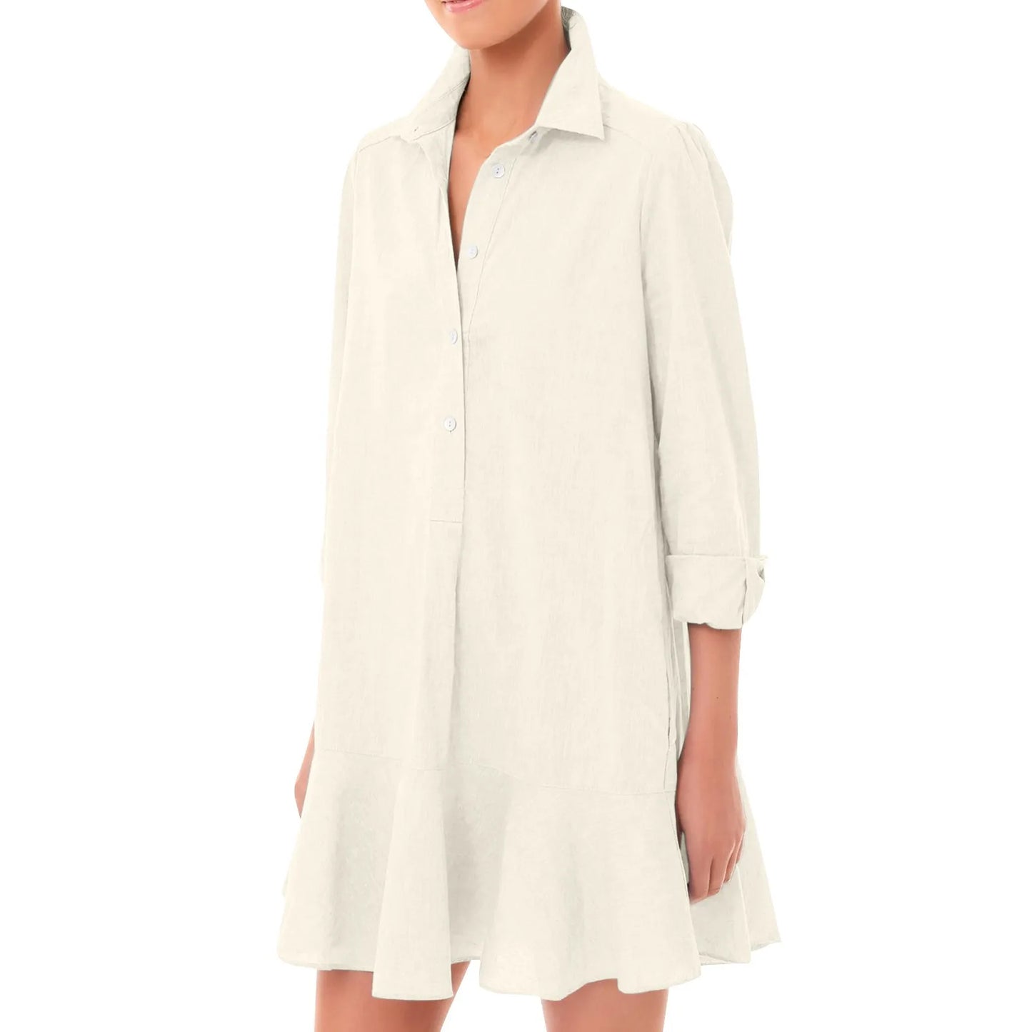 Women Loose Dresses Fashion Casual Half Open Shirt Hem Ruffle Classic Solid Dresses Daily Commute Date Simple Long Sleeve Dress