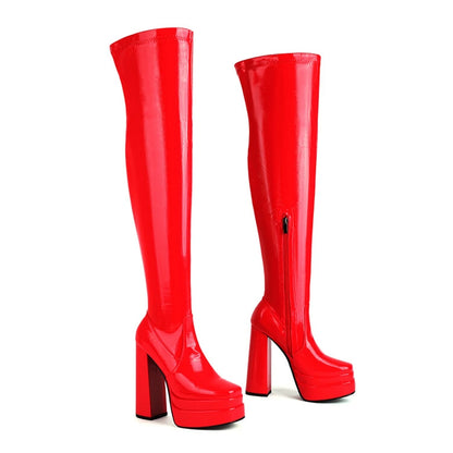 Women Patent Leather Over The Knee Platform Boots Black White Red Double Layer Block Heel Thigh High Boots Plus Size 34-48 23-06