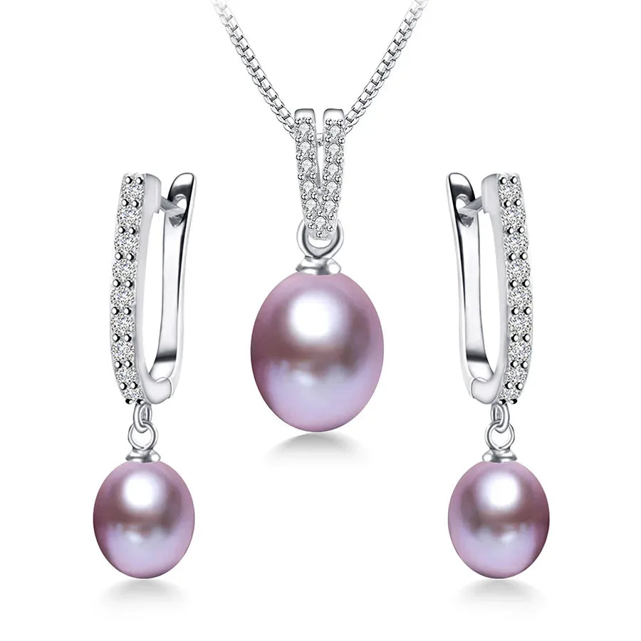 YWYC Horseshoe 8-9mm Rice Freshwater Pearl Earrings&Necklaces Jewelry Set for Women 925 Sterling Silver 45cm Pendant Necklace