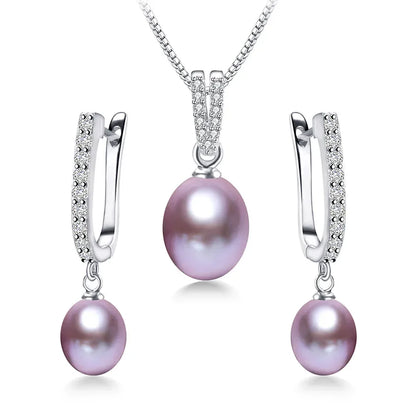 YWYC Horseshoe 8-9mm Rice Freshwater Pearl Earrings&Necklaces Jewelry Set for Women 925 Sterling Silver 45cm Pendant Necklace