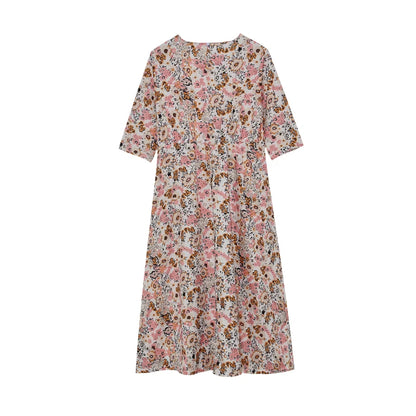 Women's Spring/Summer round Neck Pullover Dress with Pockets Middle Sleeve Loose Casual Print Midi Length