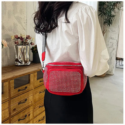 Fashion Shiny Women crossbody bags PU leather Wide strap Female Shoulder bags Ladies Waist Pack and Purses Saddle Chest Bags