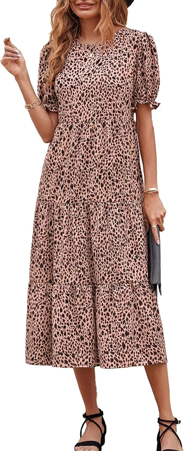 Summer Dresses for Women 2026 Casual Floral Boho Midi Sun DrPuff Short Sleeve Flowy Beach Vacation Sundress