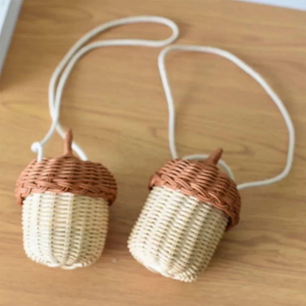 Creative Acorn Shaped Diagonal Cross Bag Storage Basket Hand Woven Circular Rattan Bag Beach Style Woven Shoulder Bag Photo Prop