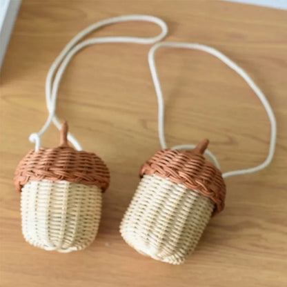 Creative Acorn Shaped Diagonal Cross Bag Storage Basket Hand Woven Circular Rattan Bag Beach Style Woven Shoulder Bag Photo Prop