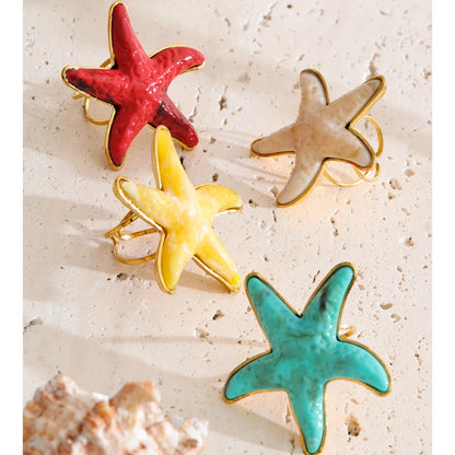 Yhpup 4 Color Ocean Style Acrylic Resin Big Starfish Adjustable Ring Stainless Steel Summer Vacation Jewelry for Women Tropical