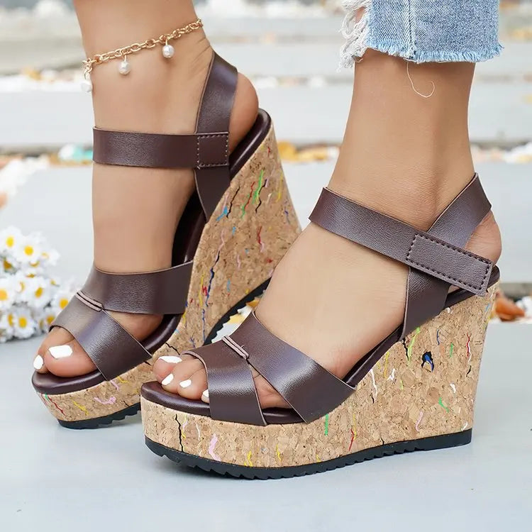 Women's Silver Chunky Platform Sandals 2026 Summer Cork Thick Sole Wedge Sandals Woman Plus Size 43 Pu Leather Casual Shoes