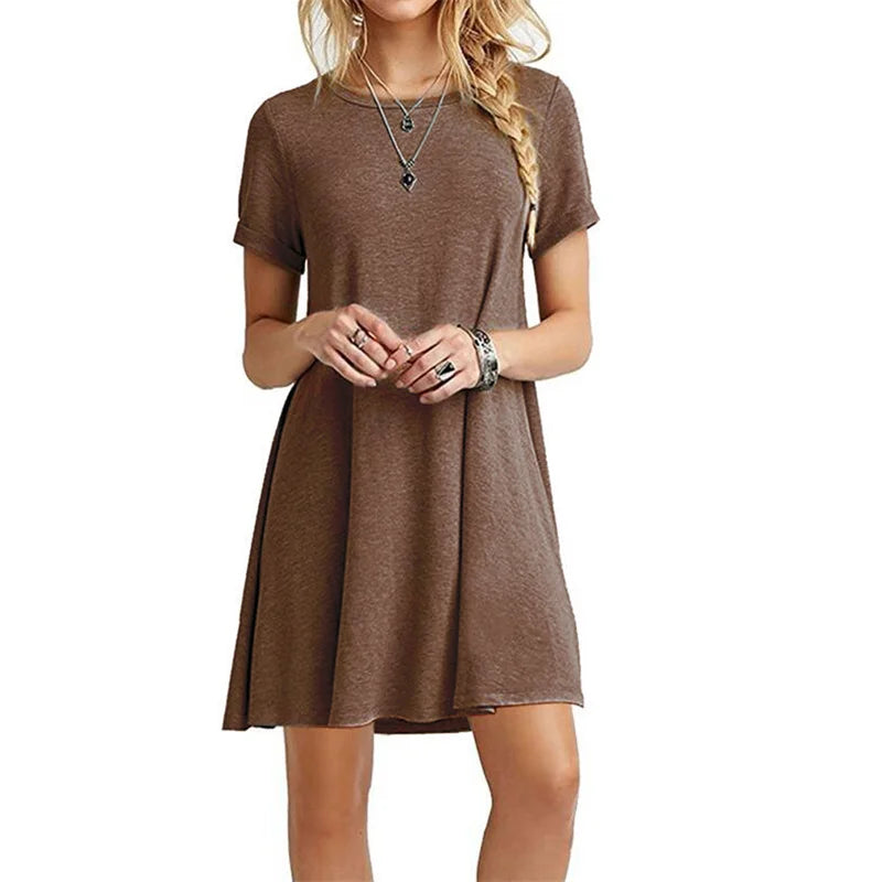 Women Mini Dress Summer Casual Boho Beach Dresses Solid Color O-Neck Short Sleeve Party A-Line Dress Vestidos QT033