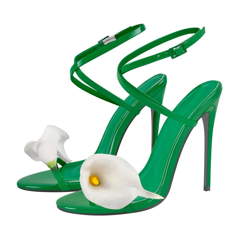 Onlymaker Women Open Toe Elegant Calla Lily Flower Sandals Wedding Heels Dressy Slingback Kitten Heel Summer Strappy Sandals