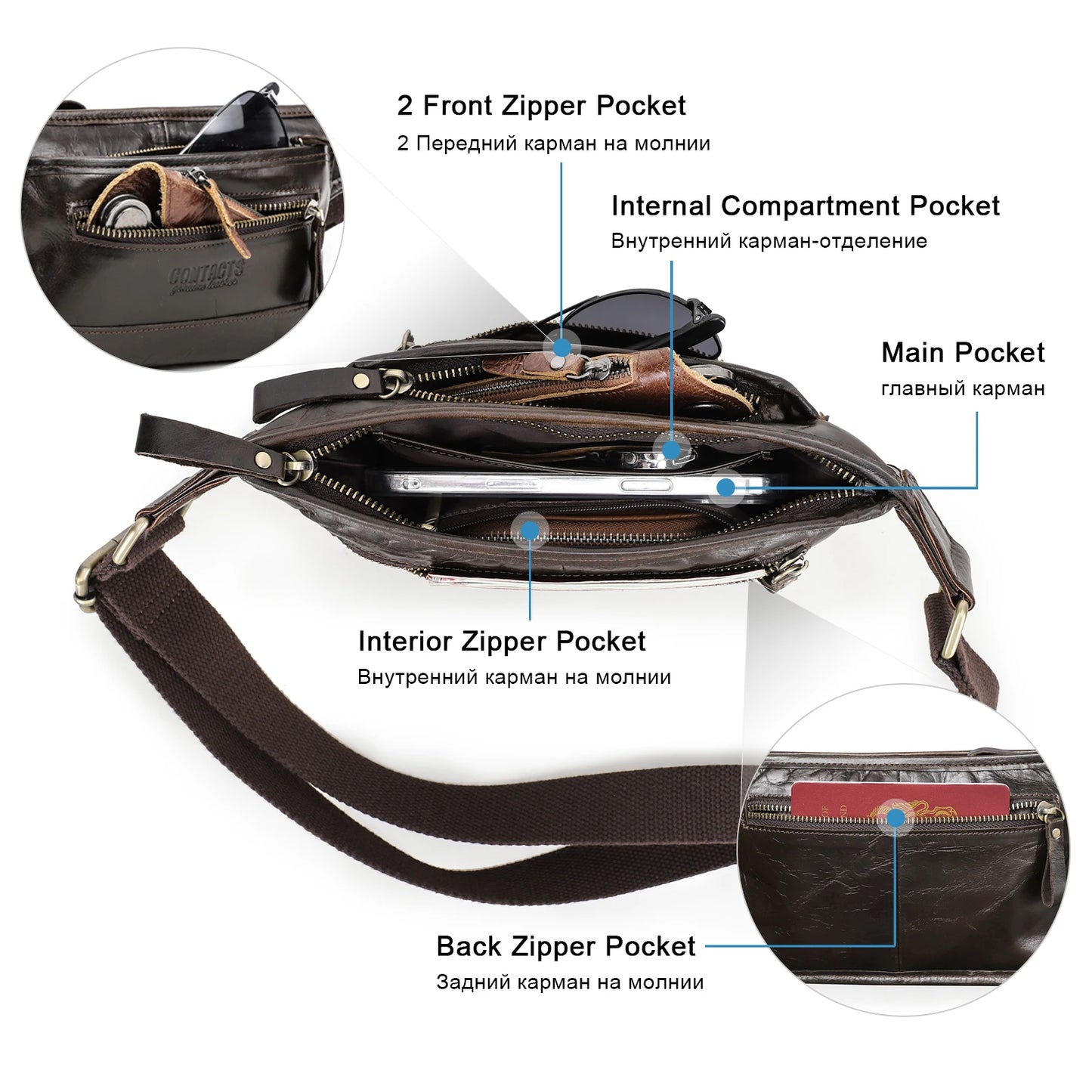 CONTACT'S Genuine Leather Waist Bags for Men Customize Waist Packs Crossbody Bag Phone Pocket Name Engraving Male Travel Bags