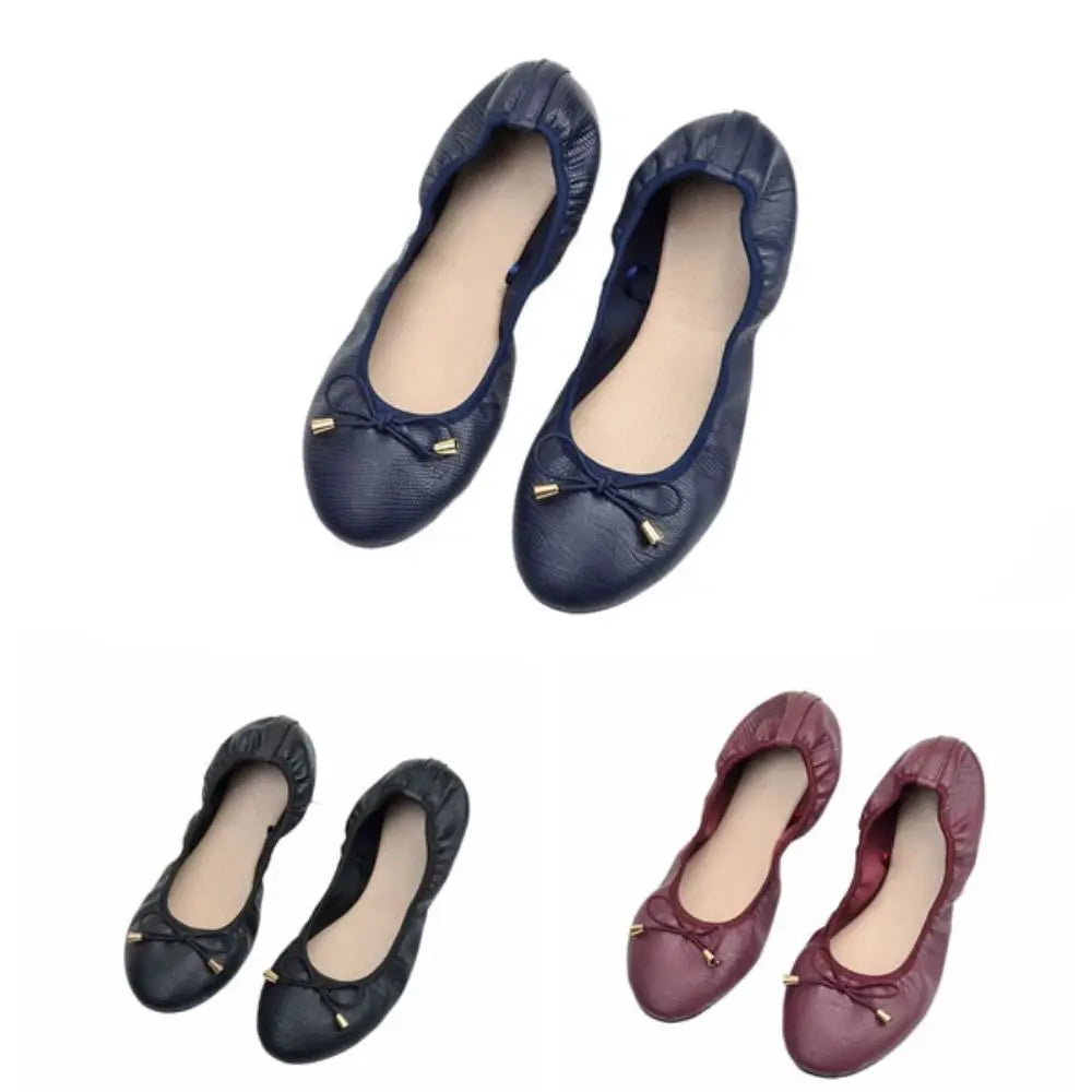 Solid Color Shallow Mouth PU Ballet Shoes Thread Bowknot Ballet Flats Women Foldable Lightweight Chicken Rolls Dance Shoes Yoga