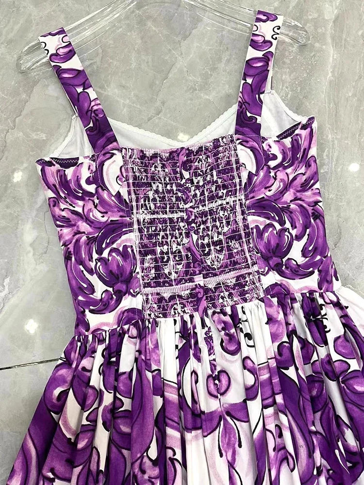 Seifrmann Baroque print Slim Ball Gown Dress Spaghetti Strap Backless Pleated Splicing Casual Holiday A-Line Cotton Dresses