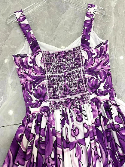Seifrmann Baroque print Slim Ball Gown Dress Spaghetti Strap Backless Pleated Splicing Casual Holiday A-Line Cotton Dresses