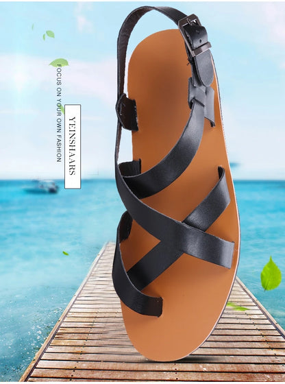 New Summer Men Sandals Leather Vintage Flat Heel Solid Buckle Beach Gladiator Sandals Shoes Breathable Men Flip Flops Sandals
