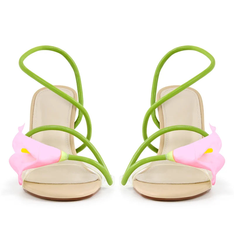 Onlymaker Women Open Toe Elegant Calla Lily Flower Sandals Wedding Heels Dressy Slingback Kitten Heel Summer Strappy Sandals