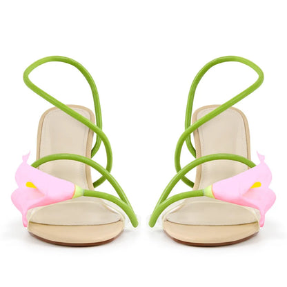 Onlymaker Women Open Toe Elegant Calla Lily Flower Sandals Wedding Heels Dressy Slingback Kitten Heel Summer Strappy Sandals